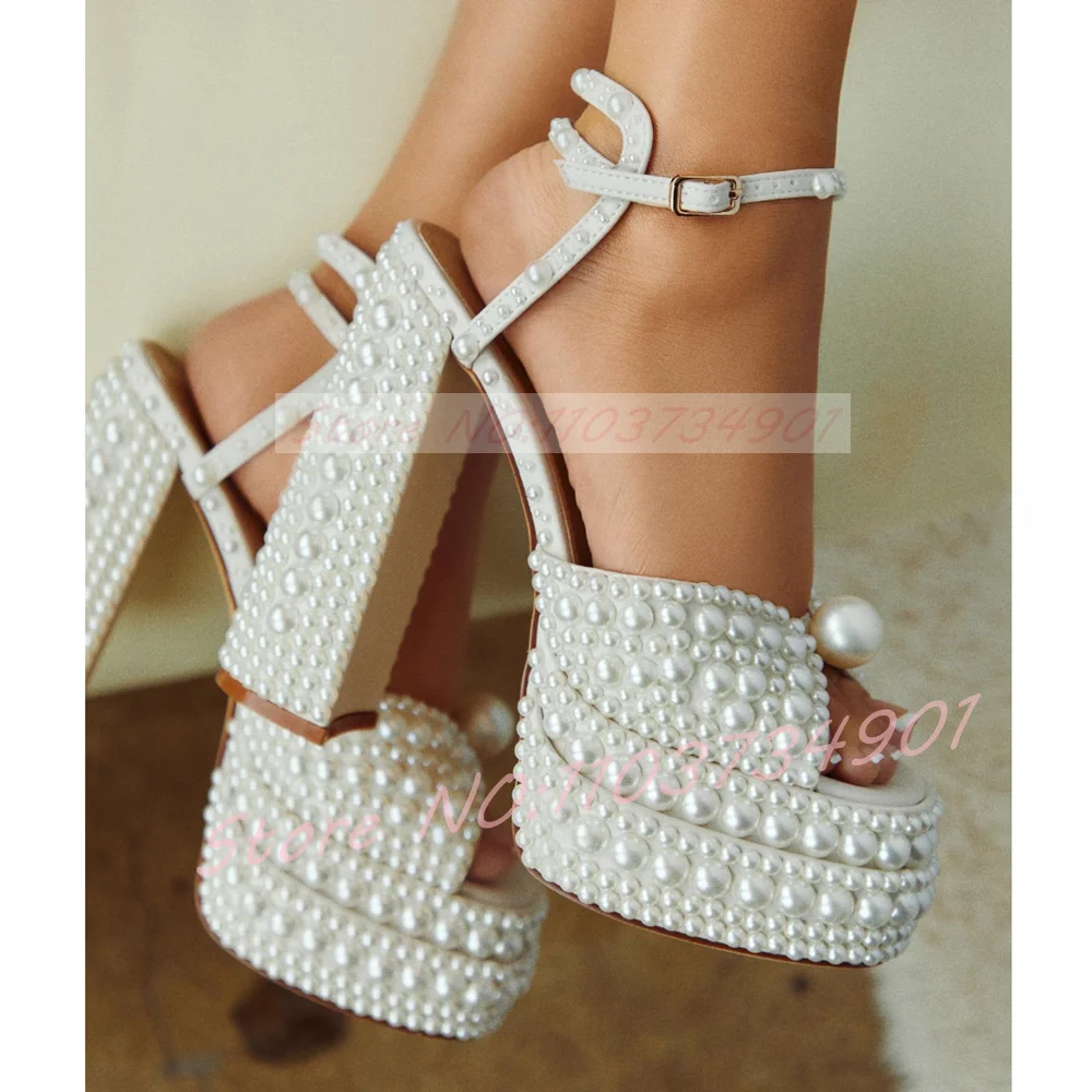 Women's White Pearl Platform S - Ankle Strap Heels ulasan dan harga