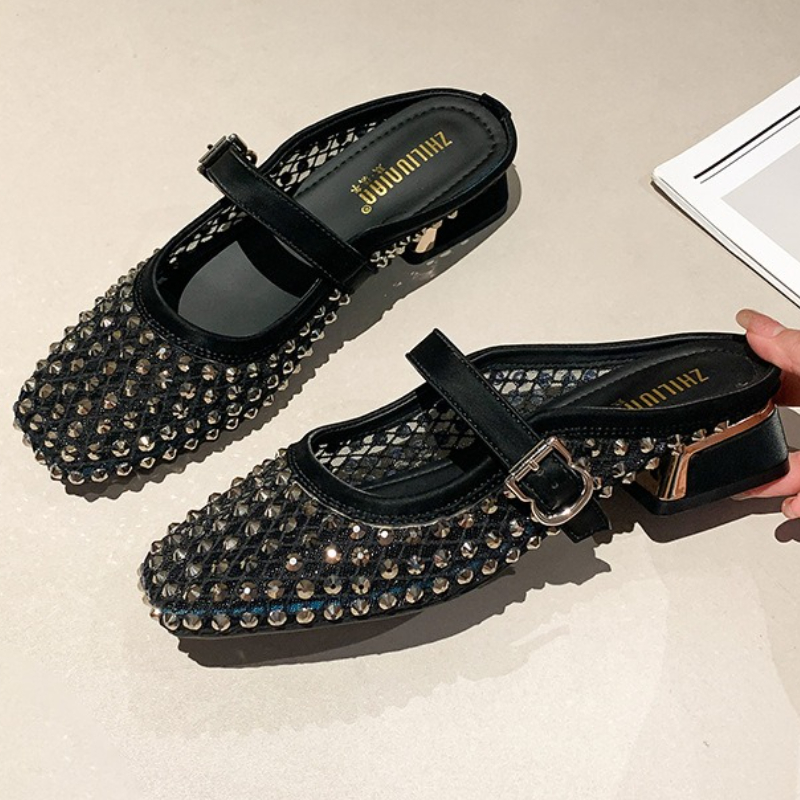 Mesh Rhinestone Chunky Heel Mu - Women Shoes Mules ulasan dan harga