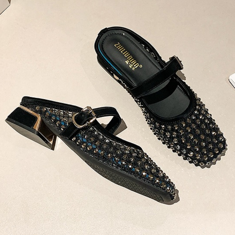 Mesh Rhinestone Chunky Heel Mu - Women Shoes Mules ulasan dan harga